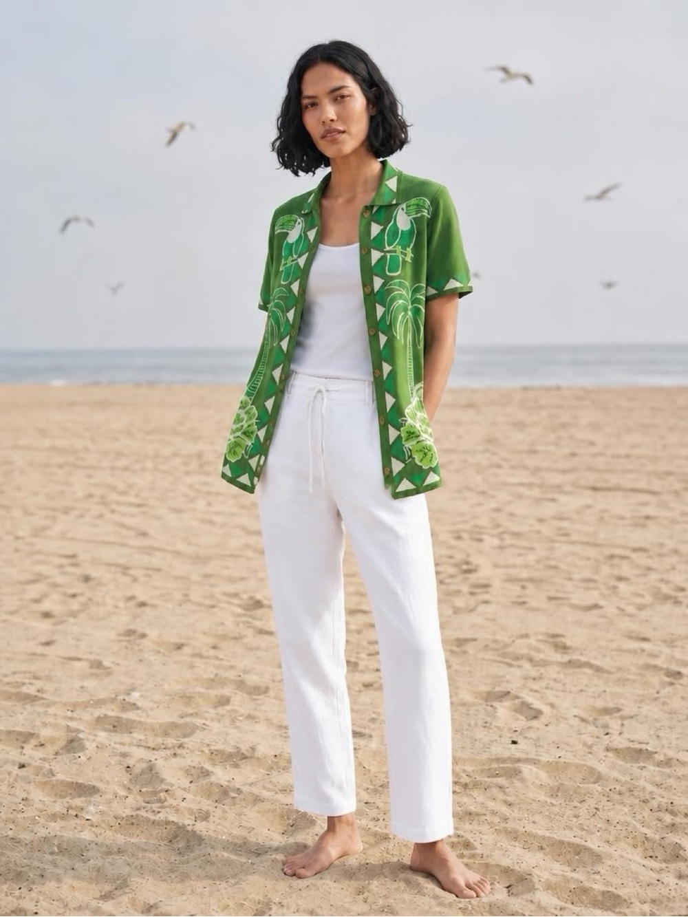 FARM Rio Tropical Toucan Knit Button-Front Shirt/Cardigan Sz M